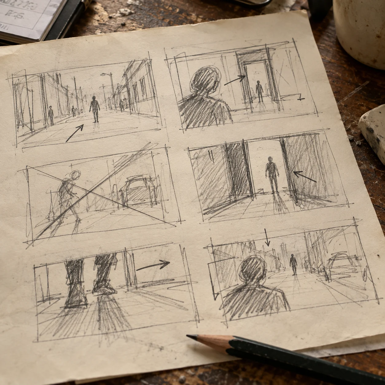 Storyboard dessiné au crayon sur une table de travail.